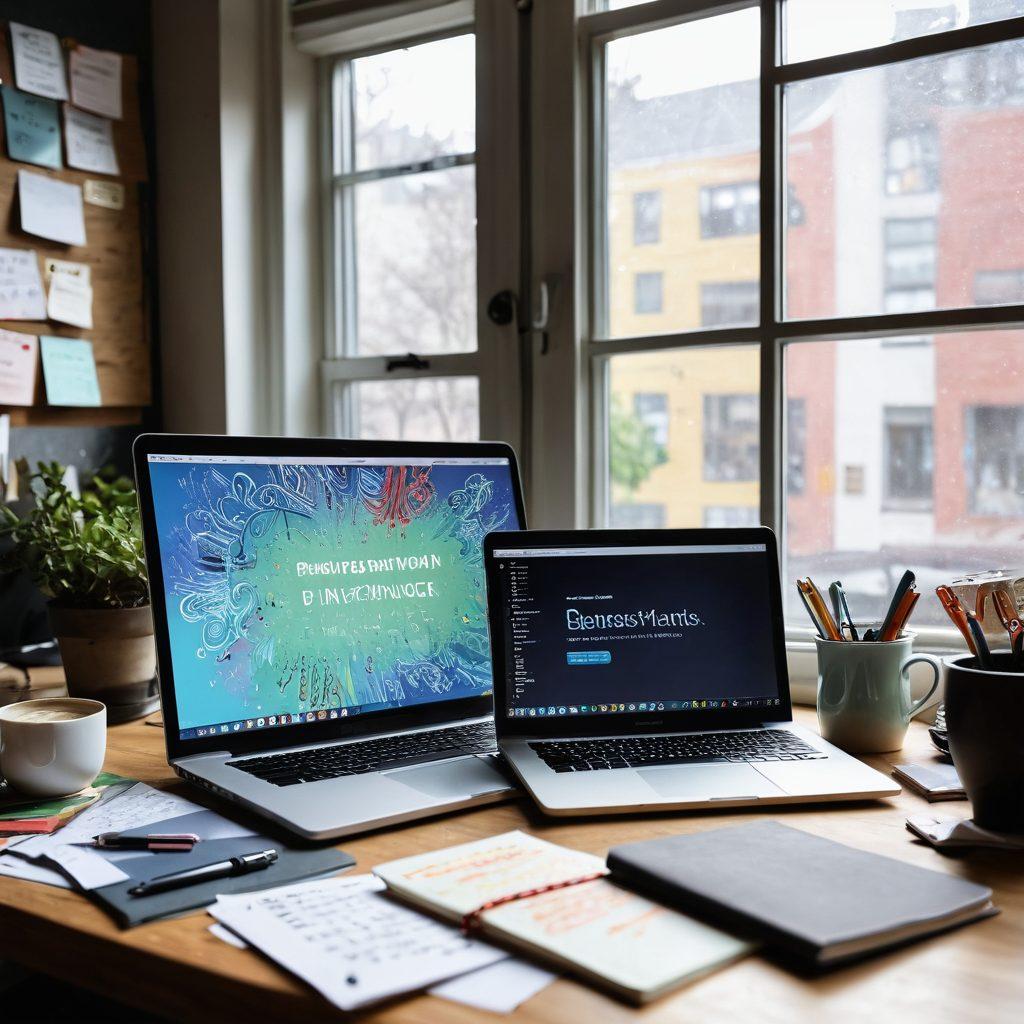 A visually inspiring workspace filled with tools of digital content creation: a laptop with colorful design software open, notebooks filled with notes, a camera capturing moments, and a coffee cup steaming next to a motivational quote on the wall. Bright natural light pours in through a window, highlighting the creative chaos. The scene conveys growth from novice to professional, with a sense of energy and ambition. vibrant colors. modern design. inspirational atmosphere.