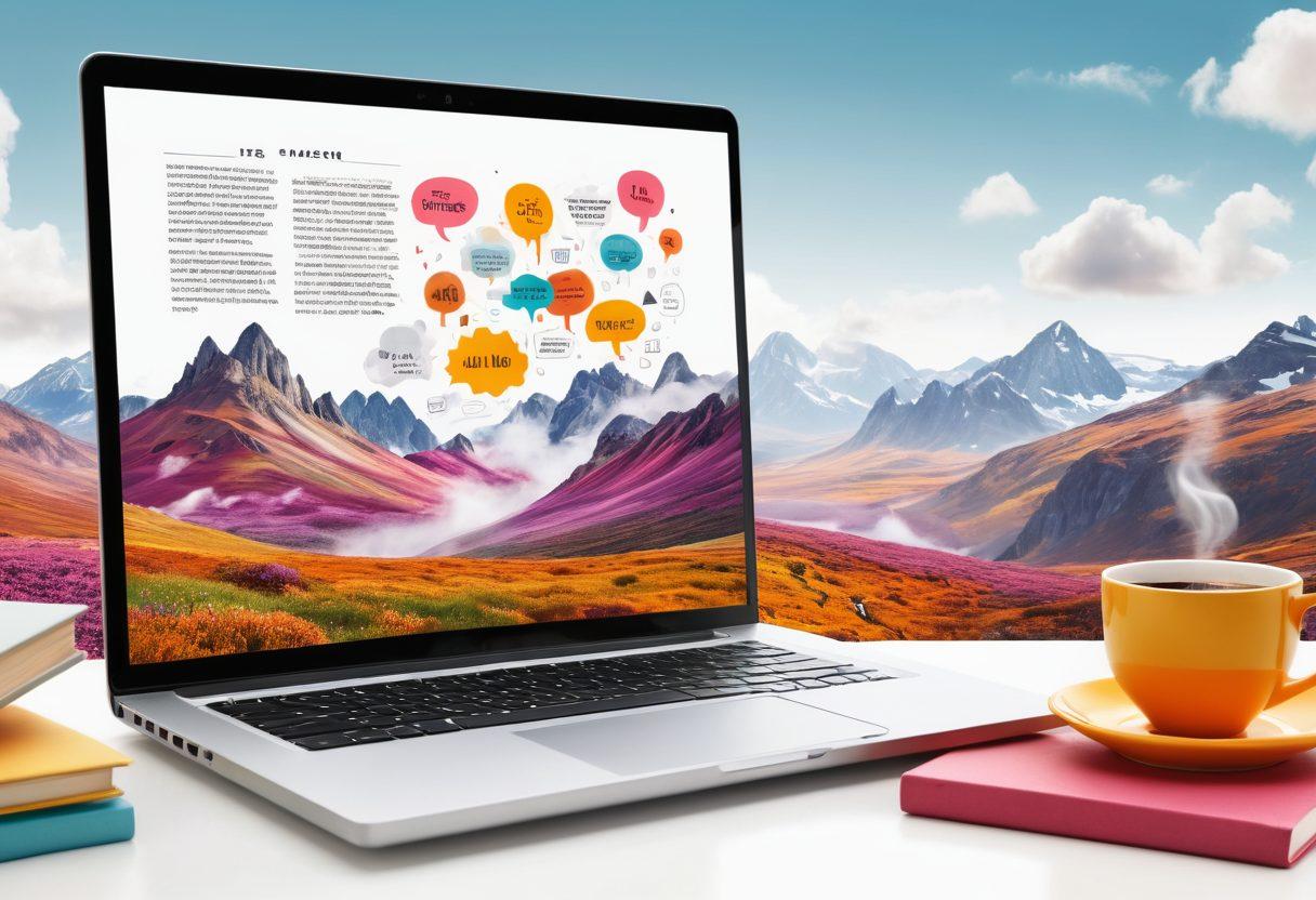 An open laptop displaying a vibrant blog post with captivating visuals and storytelling elements like speech bubbles, characters, and dynamic text. Surround it with colorful books and a steaming coffee cup, symbolizing creativity and inspiration. In the background, include a dreamy landscape that embodies imagination and engagement. super-realistic. vibrant colors. white background.