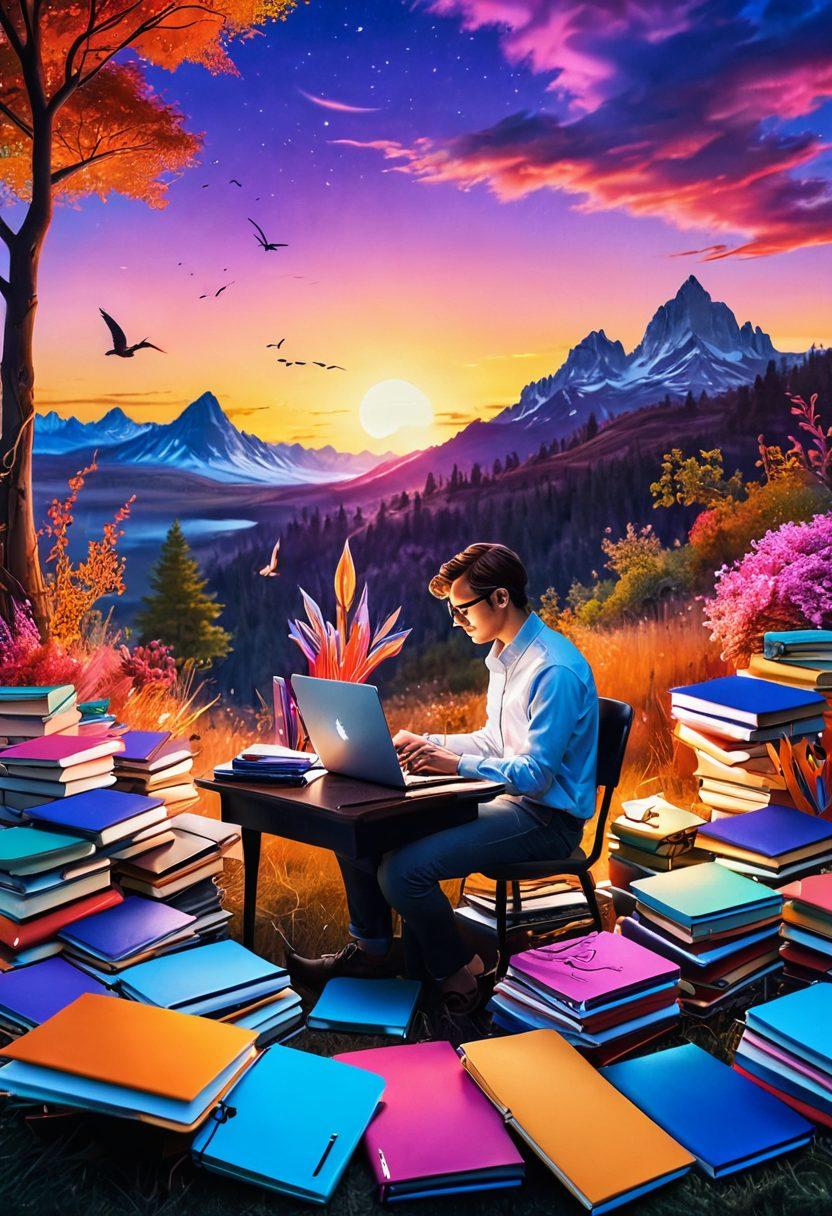 A vibrant and whimsical scene showcasing a person sitting at a desk overflowing with colorful notebooks, pens, and a glowing laptop, illuminated by soft, warm light. The background features an imaginative landscape with floating books, quills, and surreal elements symbolizing creativity and storytelling. The atmosphere is filled with inspiration and magic. super-realistic. vibrant colors. dreamy background.